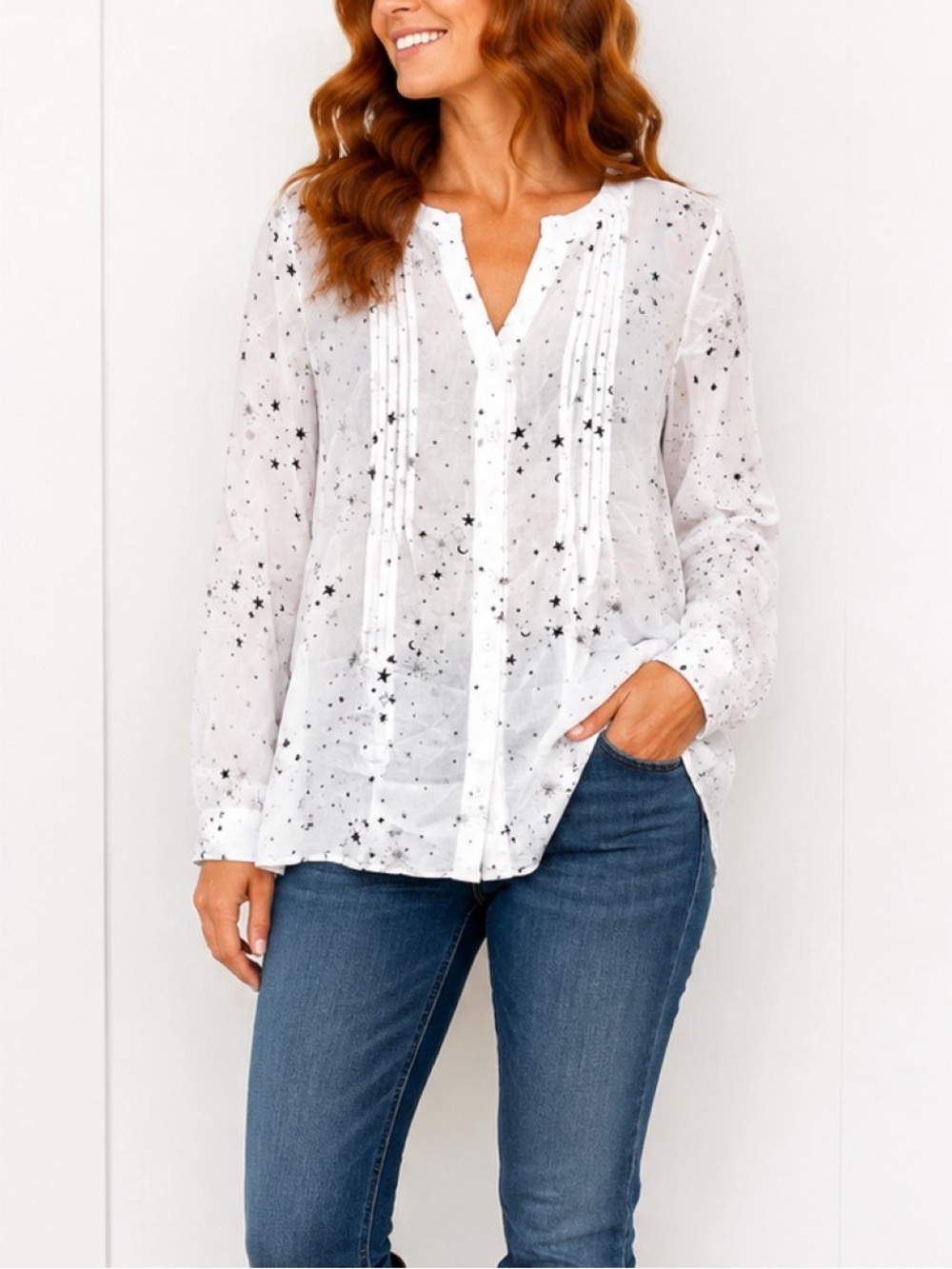 Jane & Delancey White Star Print Button Down Top